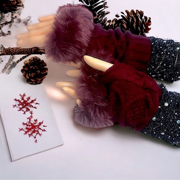 SXY l Custom Set l Elegant Black Arm Sleeves Shimmery & Sheer, Burgundy Gloves - Picture 9 of 9